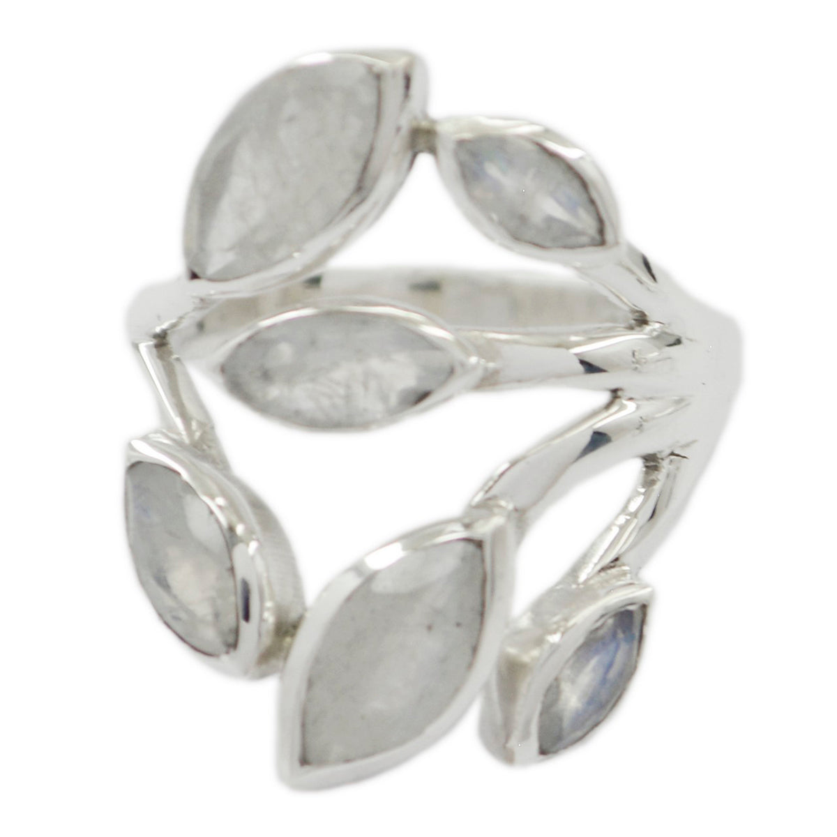 Rainbow Moonstone Hexa French 92.5 Silver White Gemstones Versatile Leafy Ring Jewelry