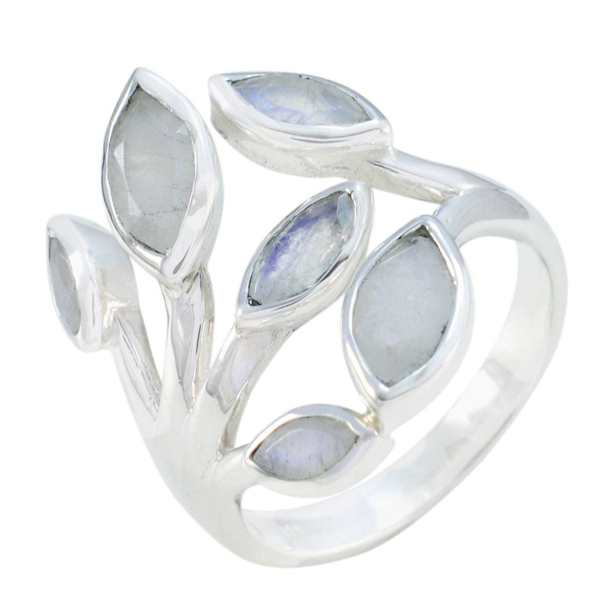 Rainbow Moonstone Hexa French 92.5 Silver White Gemstones Versatile Leafy Ring Jewelry