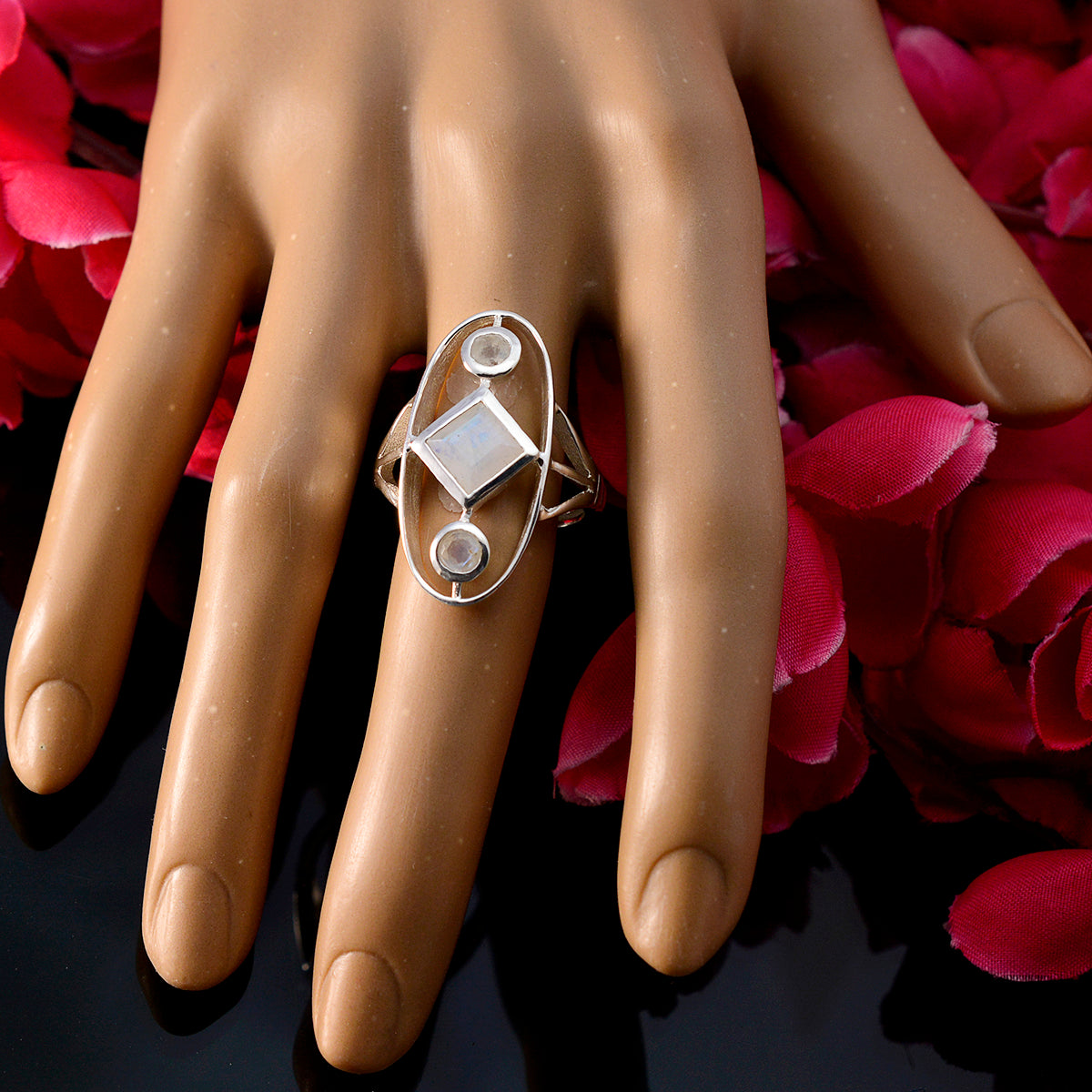 Rainbow Moonstone Trilogy French 925 Sterling Silver White Gemstones Slim Contemporary Ring Jewellery