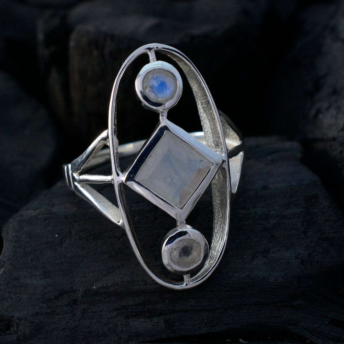 Rainbow Moonstone Trilogy French 925 Sterling Silver White Gemstones Slim Contemporary Ring Jewellery
