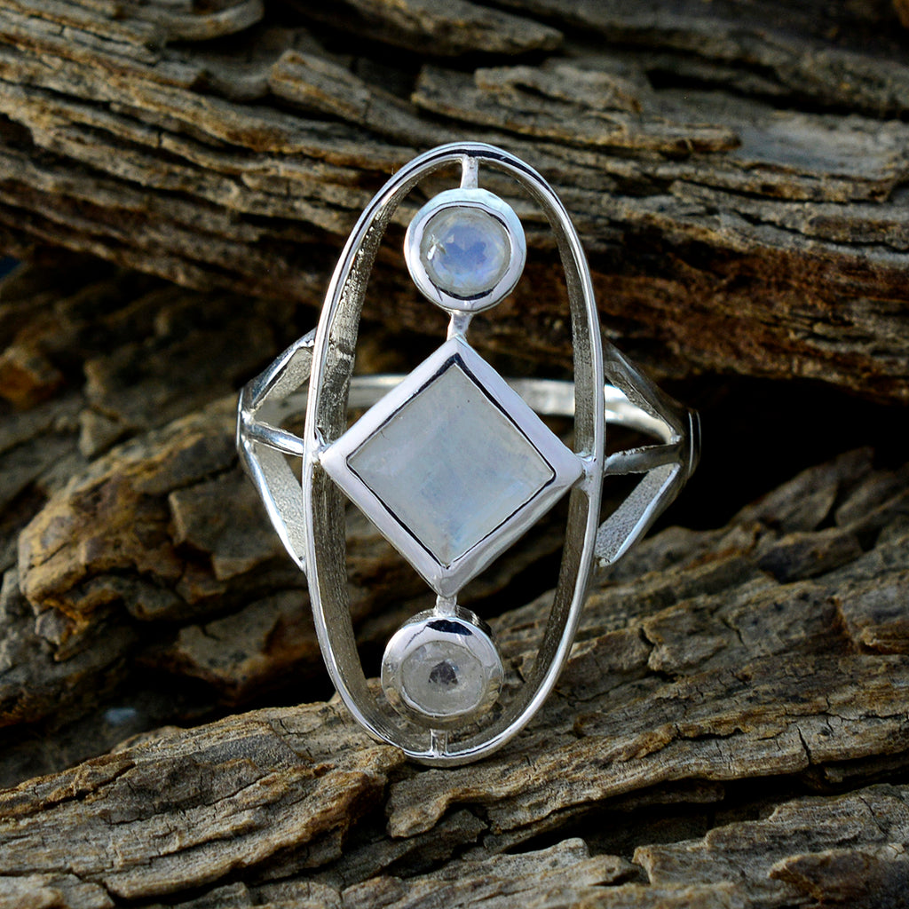 Rainbow Moonstone Trilogy French 925 Sterling Silver White Gemstones Slim Contemporary Ring Jewellery