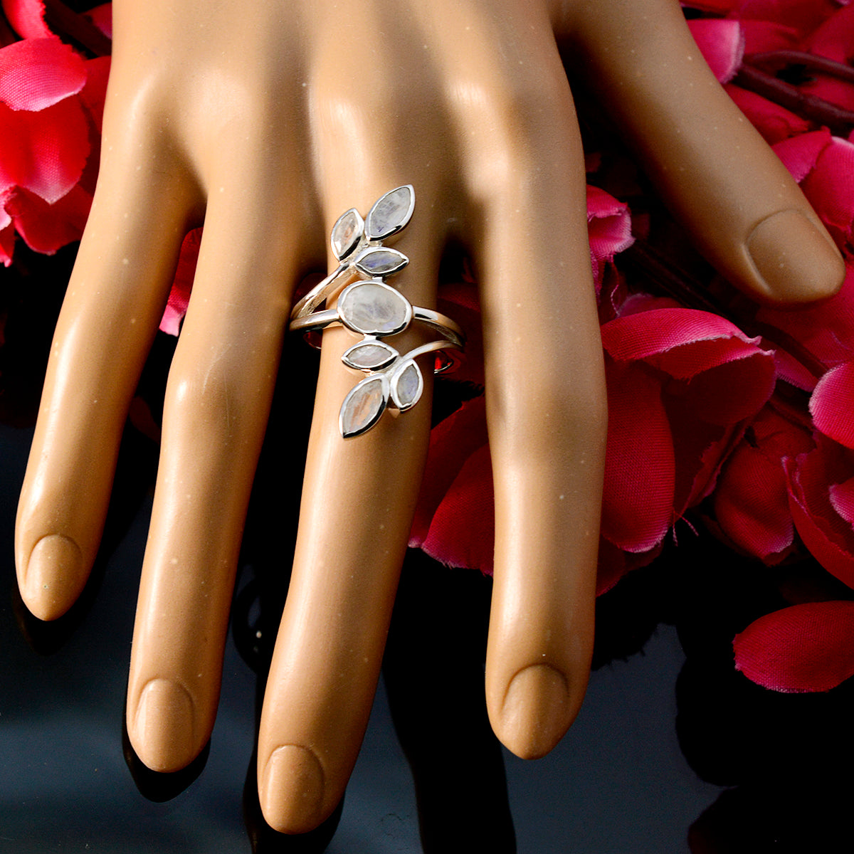 Rainbow Moonstone Hepta Egyptian 925 Silver White Gems Classic Leafy Ring Jewelry