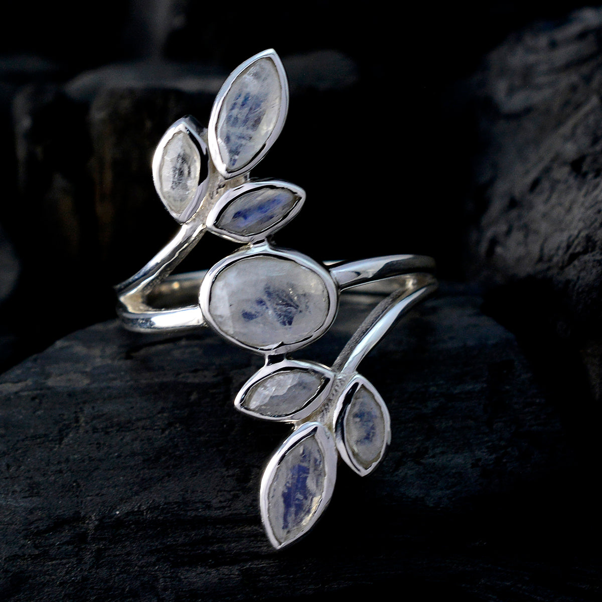 Rainbow Moonstone Hepta Egyptian 925 Silver White Gems Classic Leafy Ring Jewelry