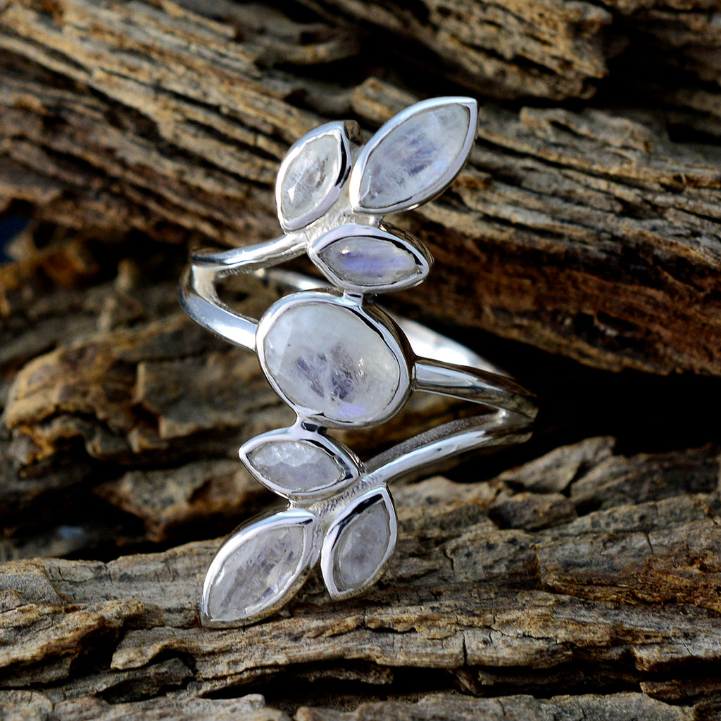 Rainbow Moonstone Hepta Egyptian 925 Silver White Gems Classic Leafy Ring Jewelry