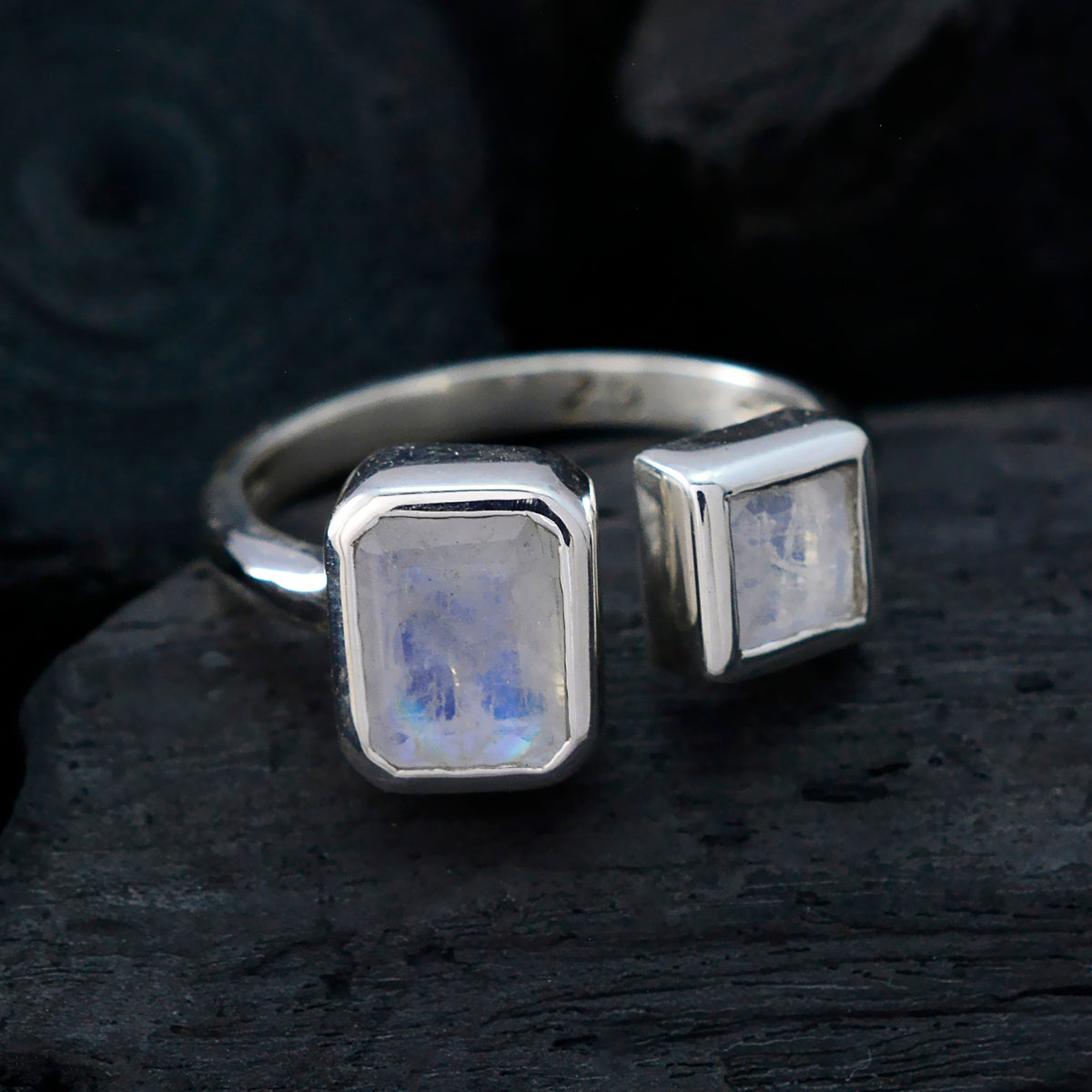 Rainbow Moonstone Toi et Moi Egyptian 925 Silver White Gemstone Featherlight Trendy Ring Jewelry