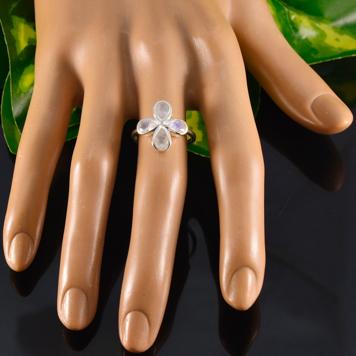 Rainbow Moonstone quarter American 925 Sterling Silver White Gemstones Dainty Floral Ring Jewelry