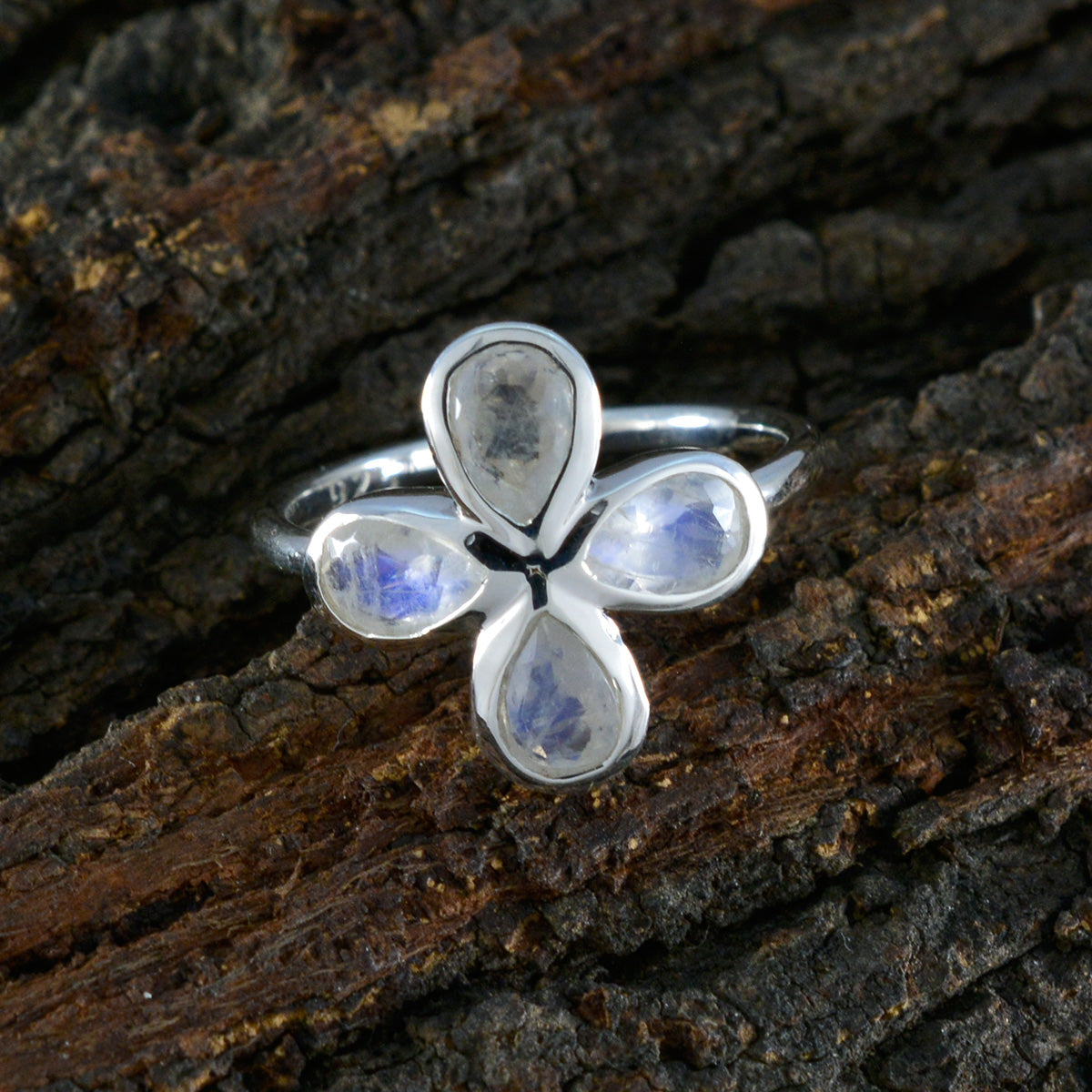 Rainbow Moonstone quarter American 925 Sterling Silver White Gemstones Dainty Floral Ring Jewelry