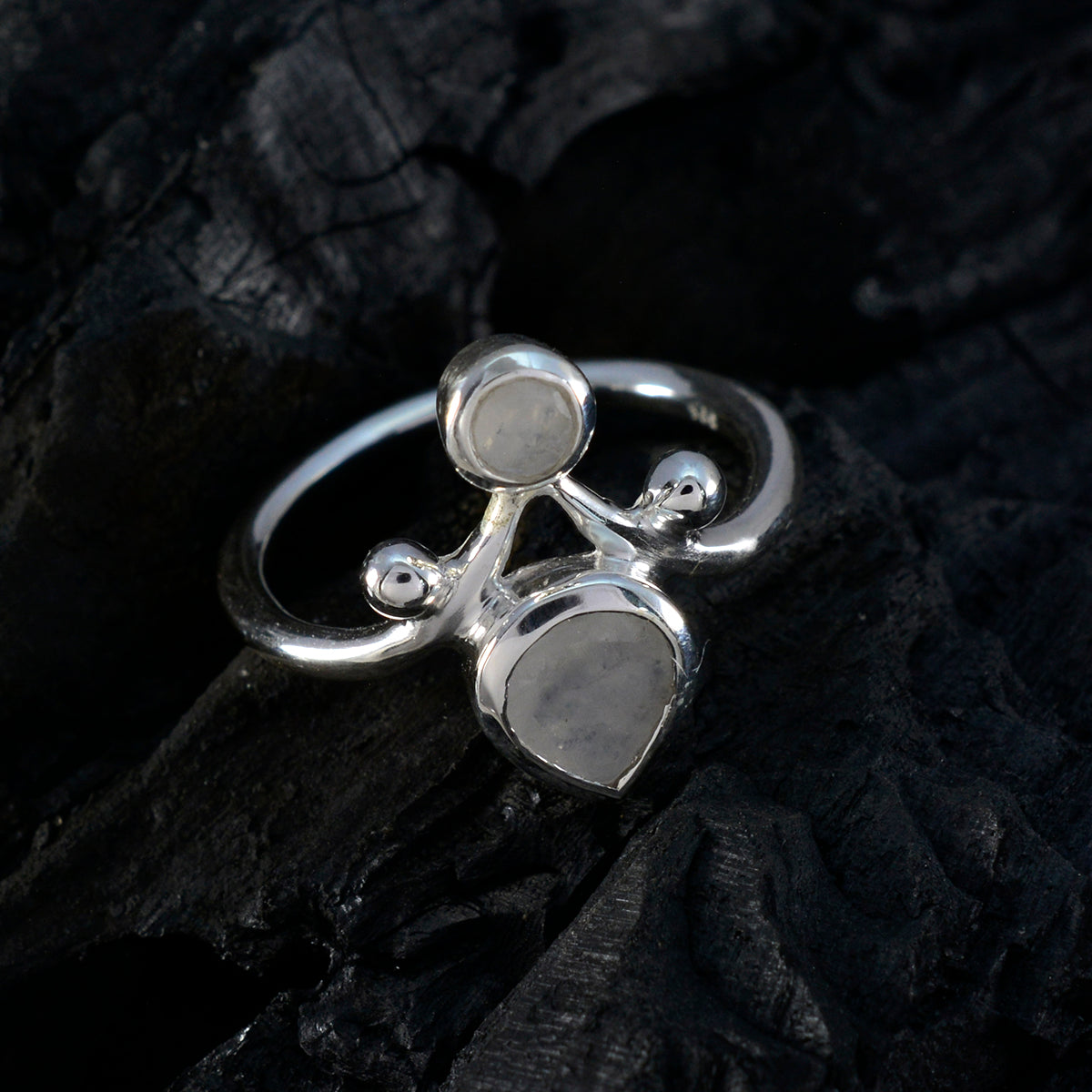 Rainbow Moonstone Toi et Moi Indian Silver White Gems Tiny Sophisticated Ring Jewelry