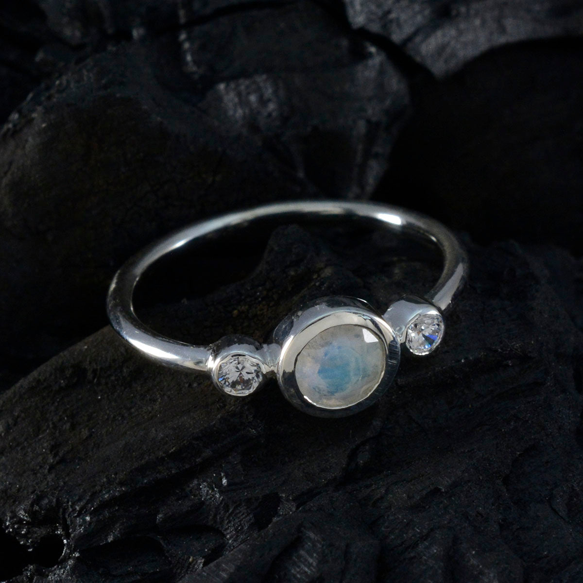Rainbow Moonstone Trilogy American 925 Sterling Silver White Gemstone Elegant  Luxurious Ring Jewellery