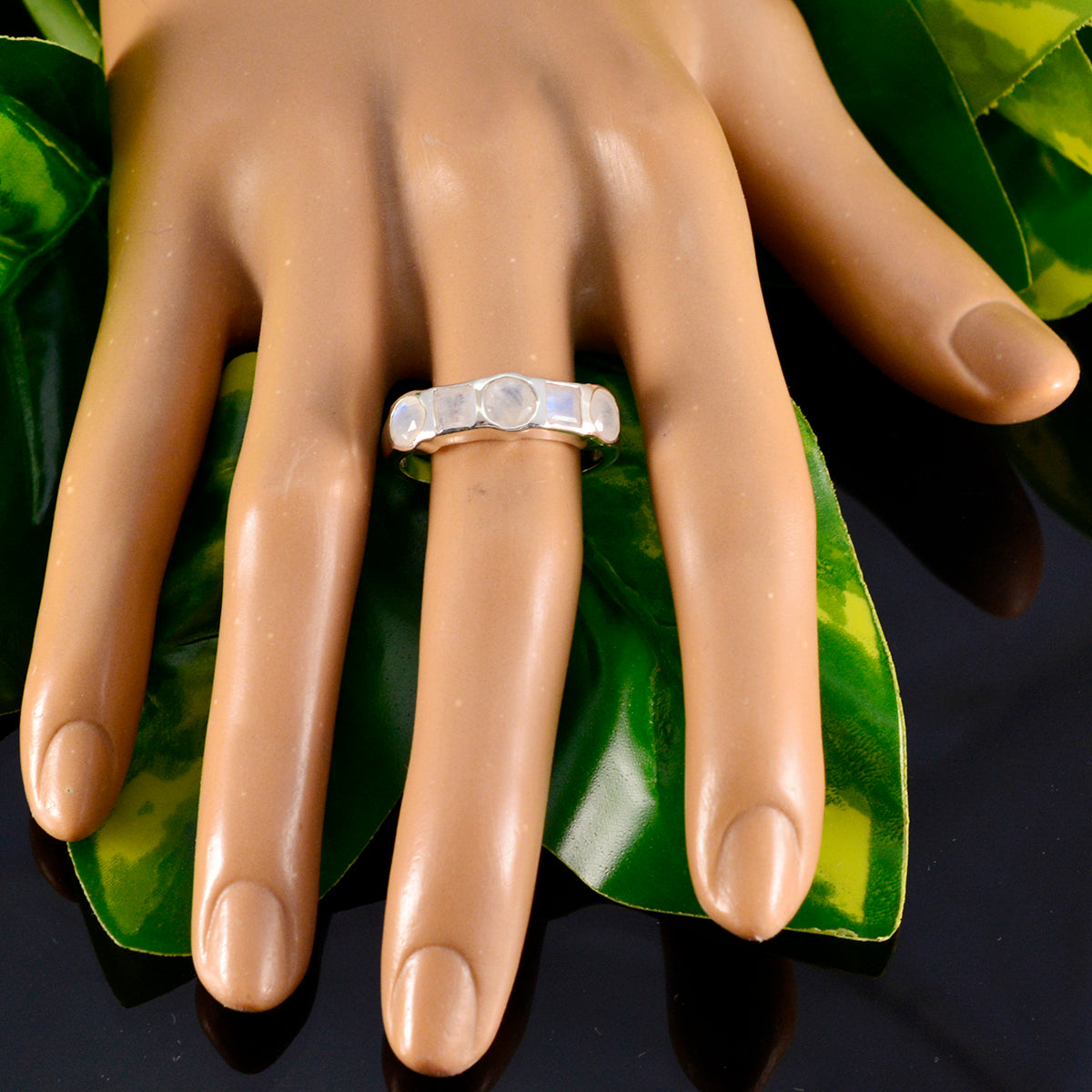 Rainbow Moonstone Penta Moroccan Sterling Silver White Gemstones Tiny Trendy Ring Jewellery