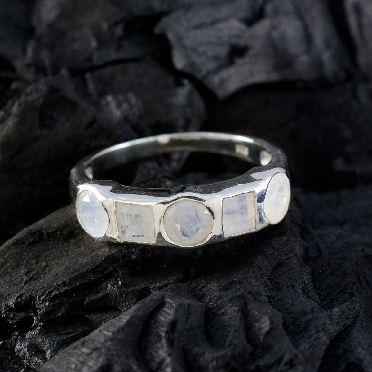 Rainbow Moonstone Penta Moroccan Sterling Silver White Gemstones Tiny Trendy Ring Jewellery