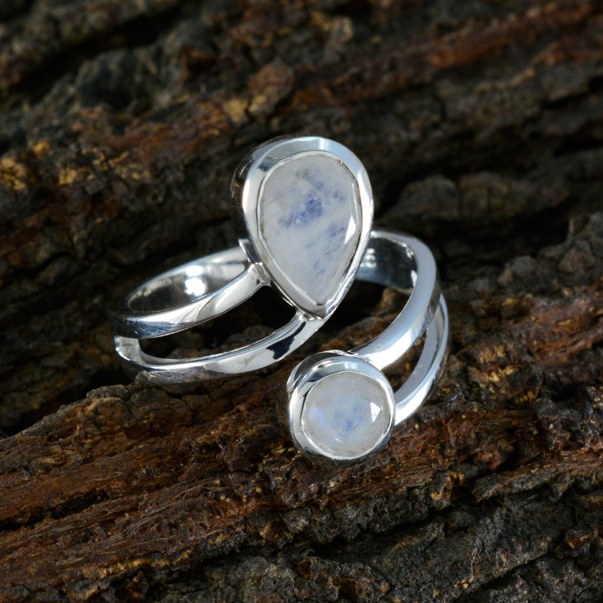 Rainbow Moonstone Toi et Moi Egyptian 925 Sterling Silver White Gemstones Tiny Feminine Ring Jewellery