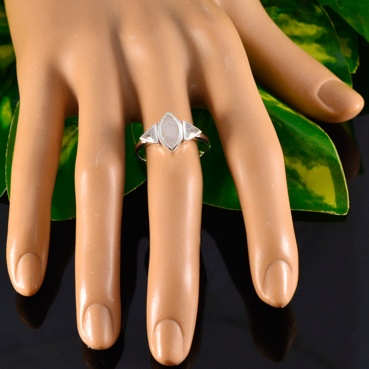 Rainbow Moonstone Trilogy American 925 Silver White Gemstone Whisper thin Sophisticated Ring Jewellery