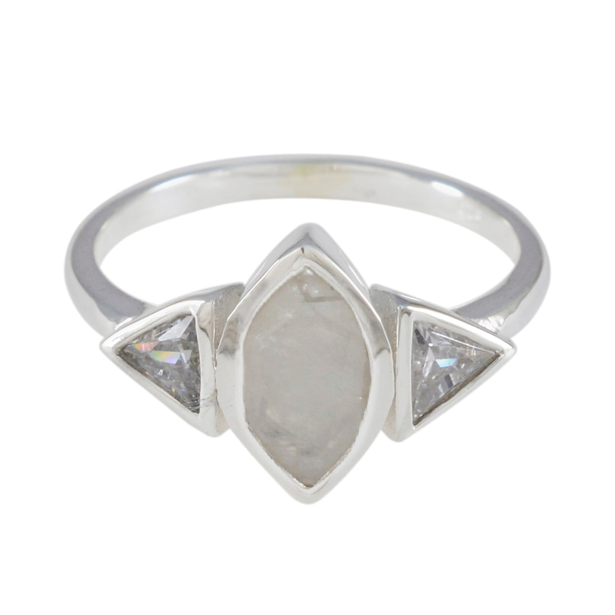 Rainbow Moonstone Trilogy American 925 Silver White Gemstone Whisper thin Sophisticated Ring Jewellery
