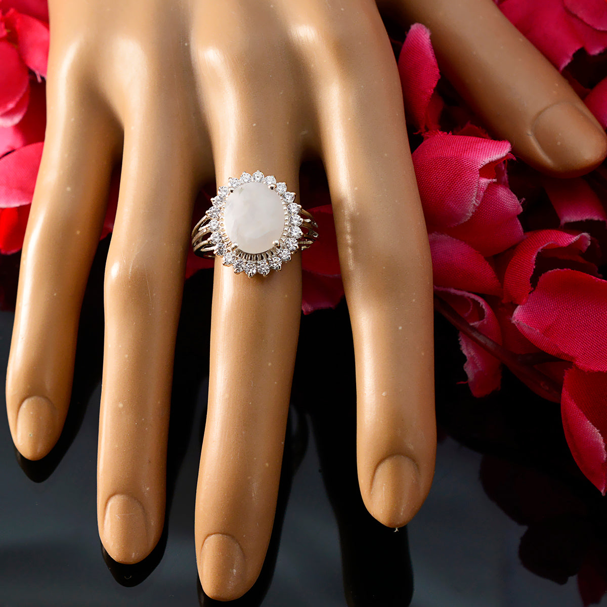 Rainbow Moonstone Halo Russian Sterling Silver White Gemstones Classic Signet Ring Jewelry