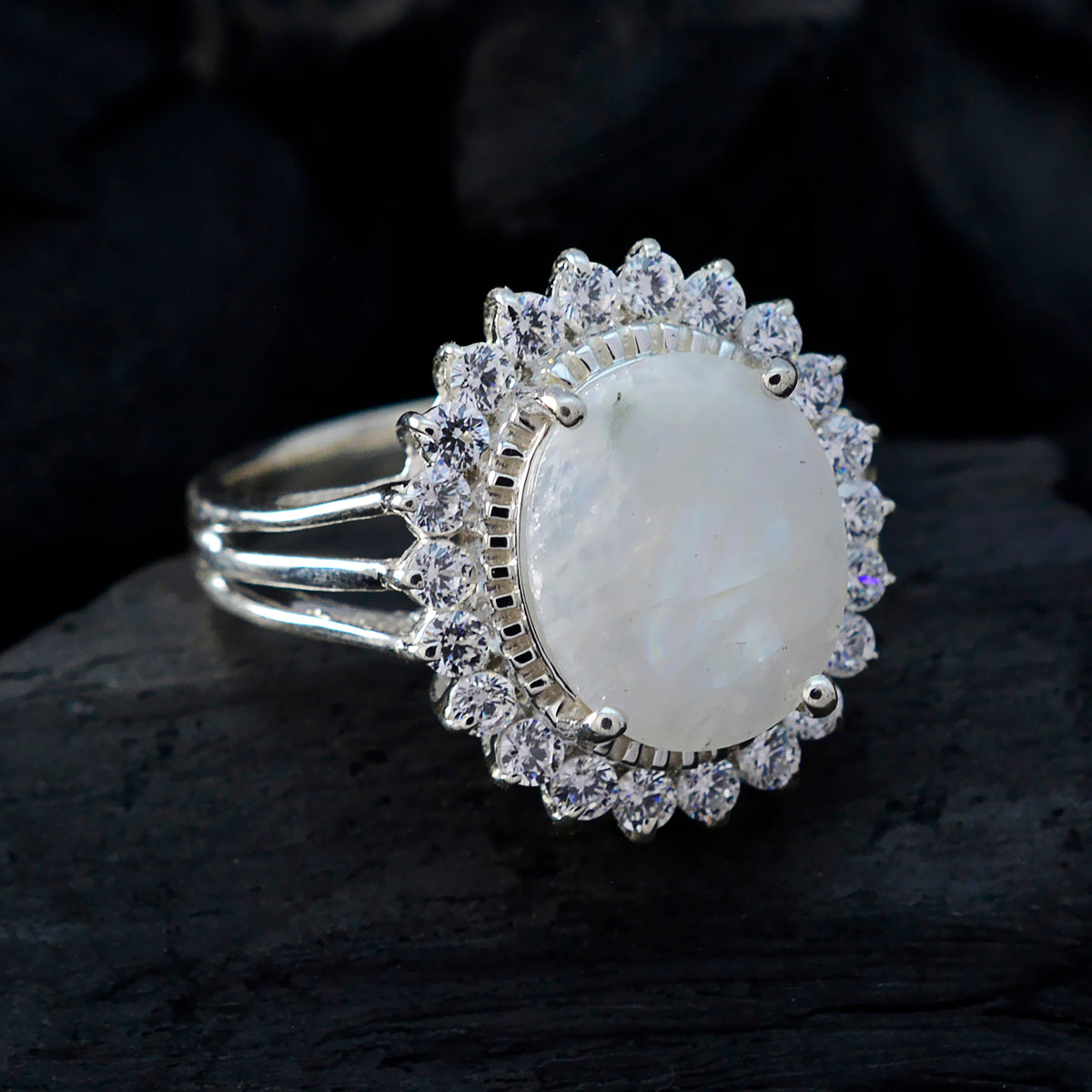 Rainbow Moonstone Halo Russian Sterling Silver White Gemstones Classic Signet Ring Jewelry
