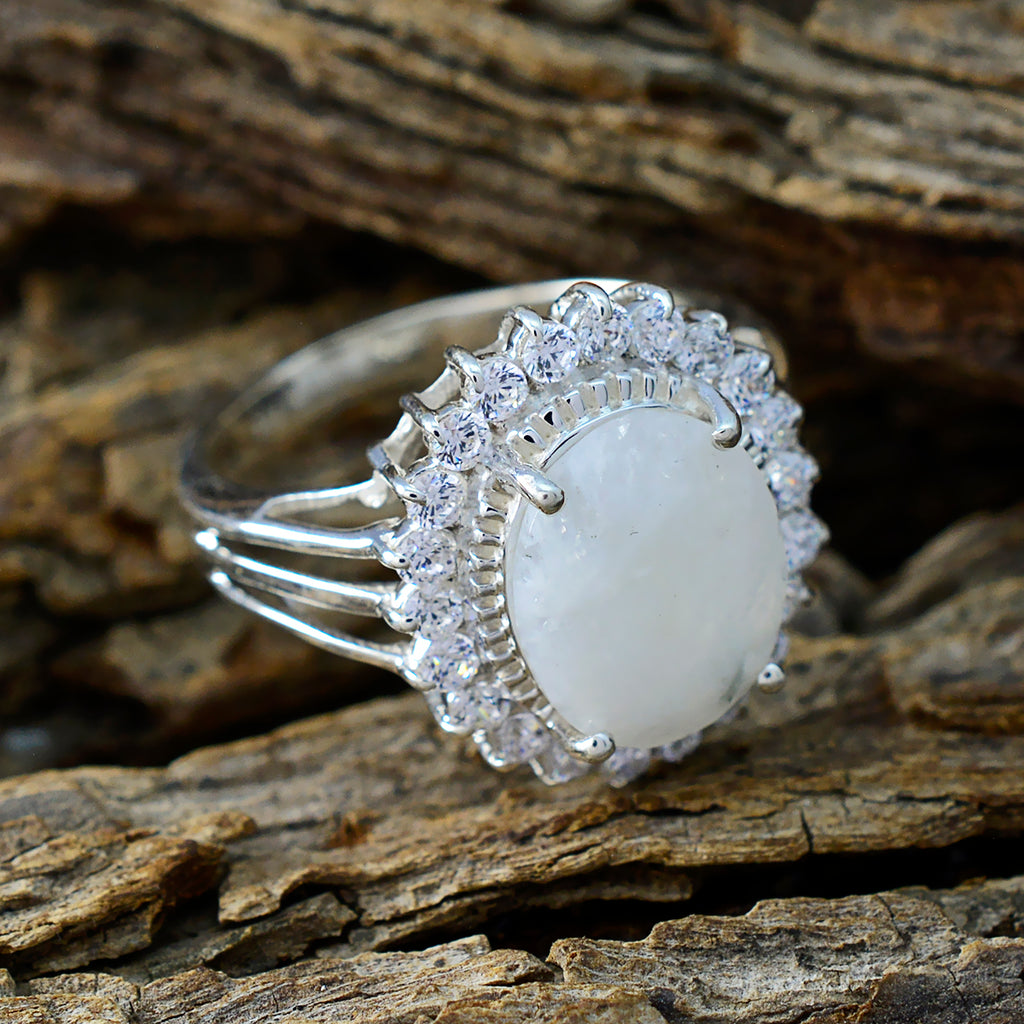 Rainbow Moonstone Halo Russian Sterling Silver White Gemstones Classic Signet Ring Jewelry