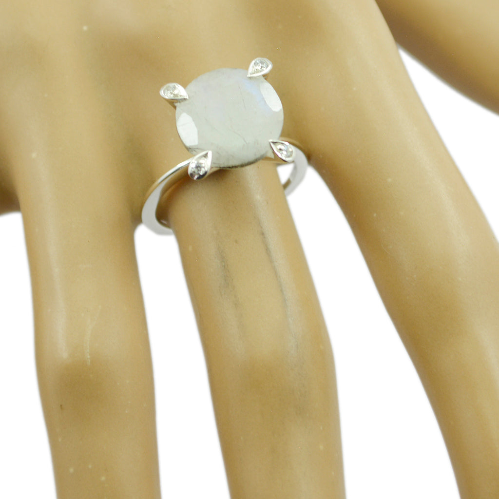 Rainbow Moonstone Halo Russian Sterling Silver White Gemstones Slim Abstract Ring Jewellery