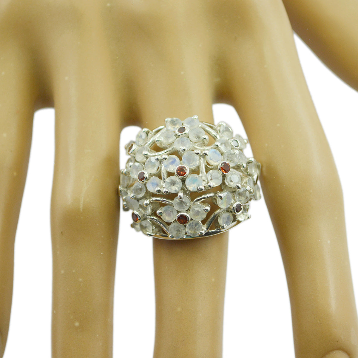 Rainbow Moonstone multiple African 925 Silver White Gemstone Statement Floral Ring Jewellery