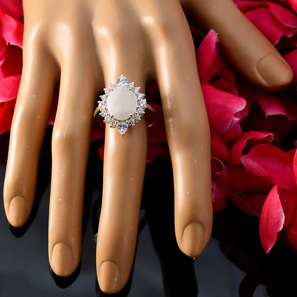 Rainbow Moonstone Halo Egyptian 925 Silver White Gemstone Eye catching Contemporary Ring Jewellery