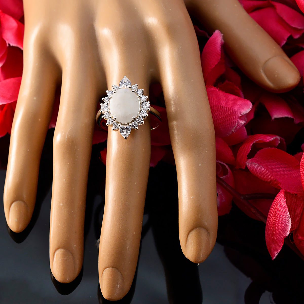 Rainbow Moonstone Halo Egyptian 925 Silver White Gemstone Eye catching Contemporary Ring Jewellery