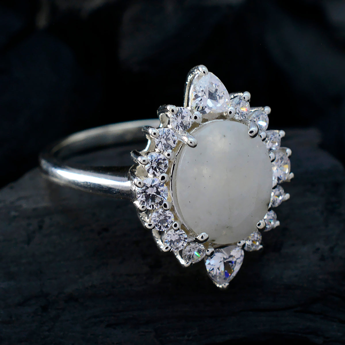 Rainbow Moonstone Halo Egyptian 925 Silver White Gemstone Eye catching Contemporary Ring Jewellery