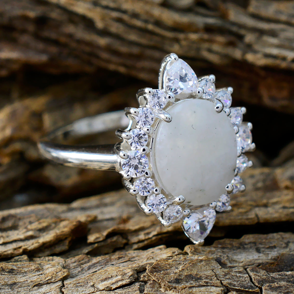 Rainbow Moonstone Halo Egyptian 925 Silver White Gemstone Eye catching Contemporary Ring Jewellery