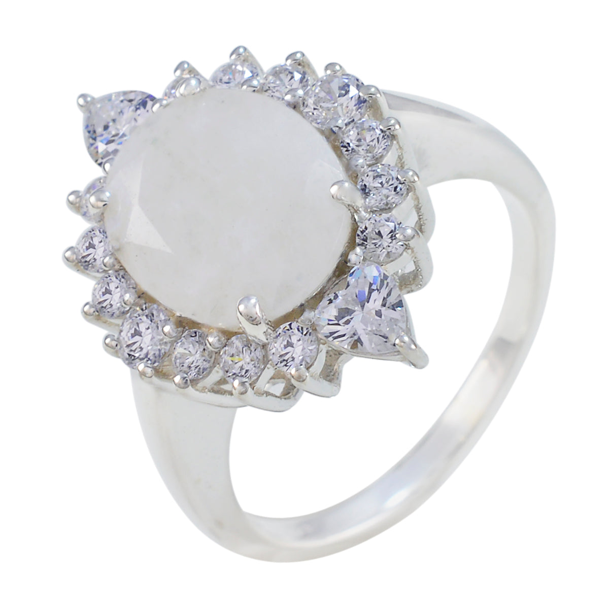 Bague contemporaine accrocheuse en argent 925 égyptien avec halo de pierre de lune arc-en-ciel et pierres précieuses blanches Image secondaire du produit