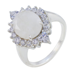 Rainbow Moonstone Halo Egyptian 925 Silver White Gemstone Eye catching Contemporary Ring Jewellery