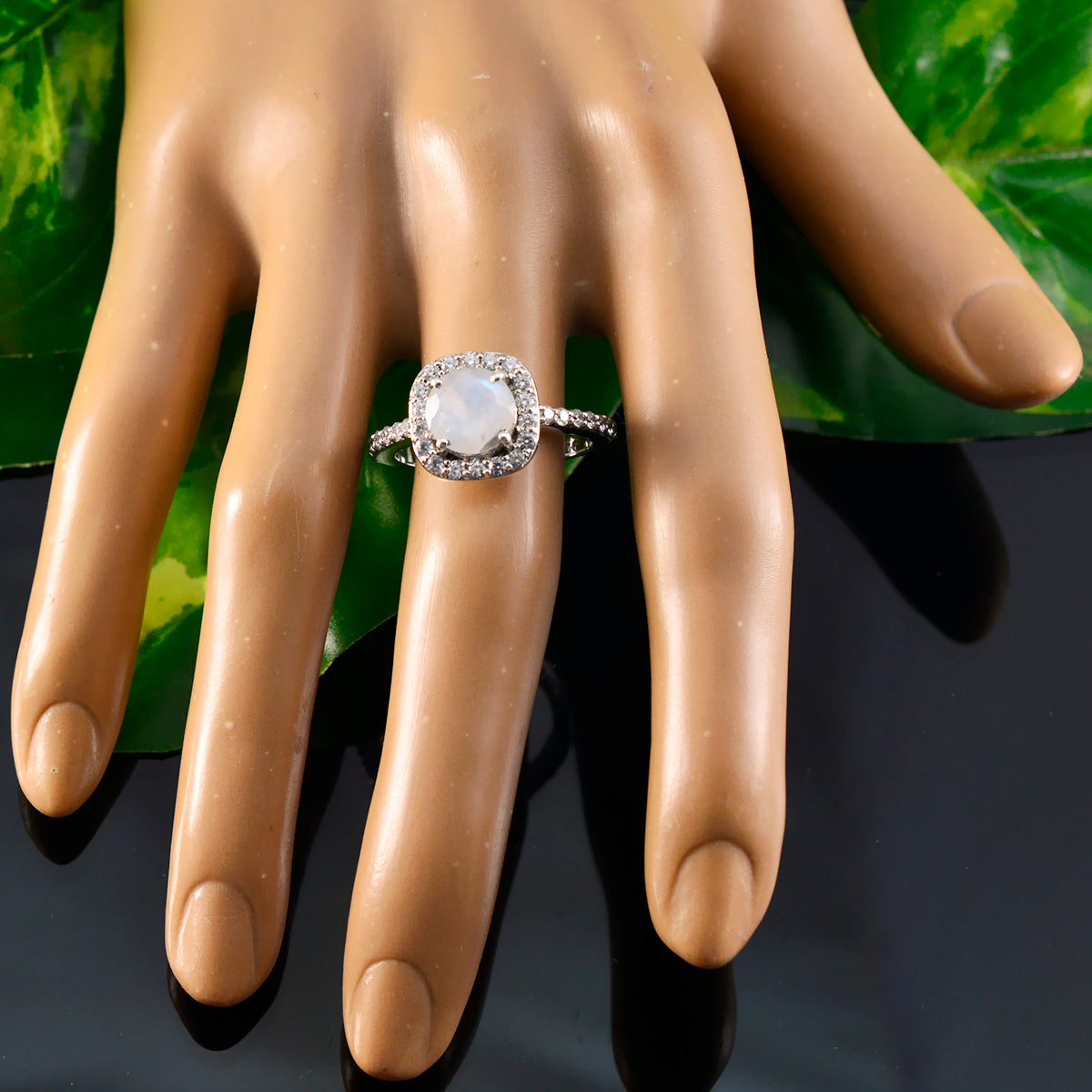 Rainbow Moonstone Halo French 925 Sterling Silver White Gems Slim Luxurious Ring Jewellery