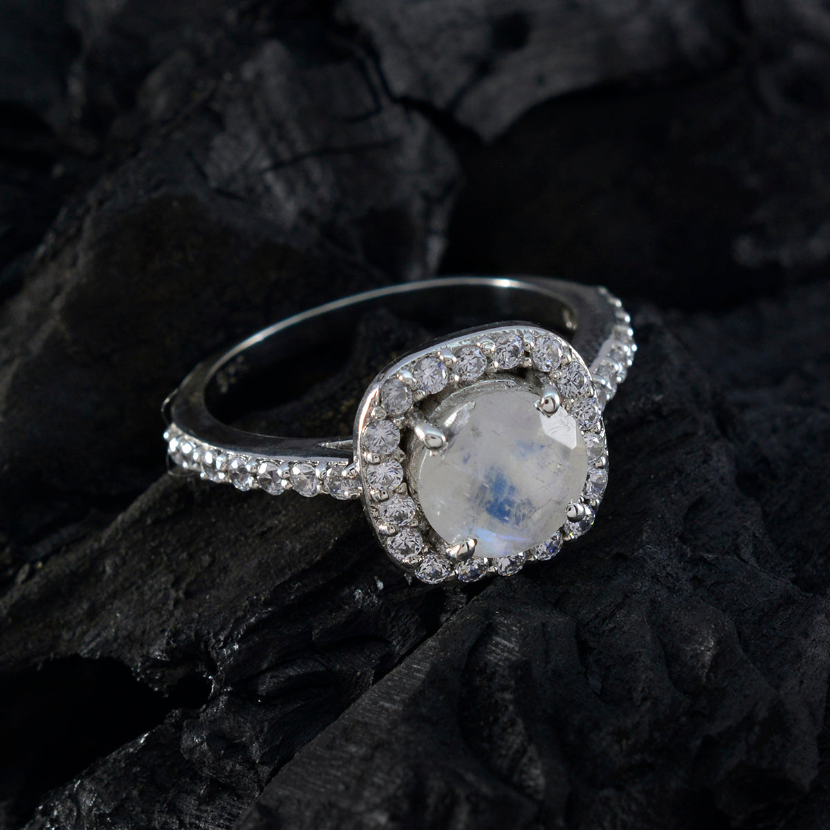 Rainbow Moonstone Halo French 925 Sterling Silver White Gems Slim Luxurious Ring Jewellery