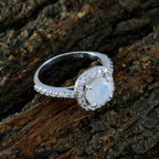 Rainbow Moonstone Halo French 925 Sterling Silver White Gems Slim Luxurious Ring Jewellery