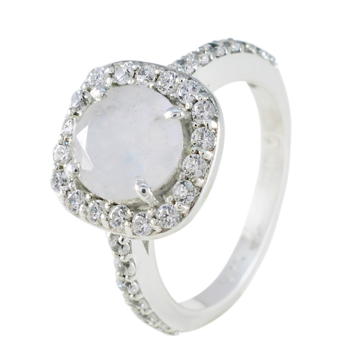 Bague fine et luxueuse en argent sterling 925 avec halo de pierres de lune arc-en-ciel et pierres blanches Image secondaire du produit