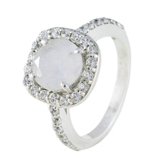 Rainbow Moonstone Halo French 925 Sterling Silver White Gems Slim Luxurious Ring Jewellery