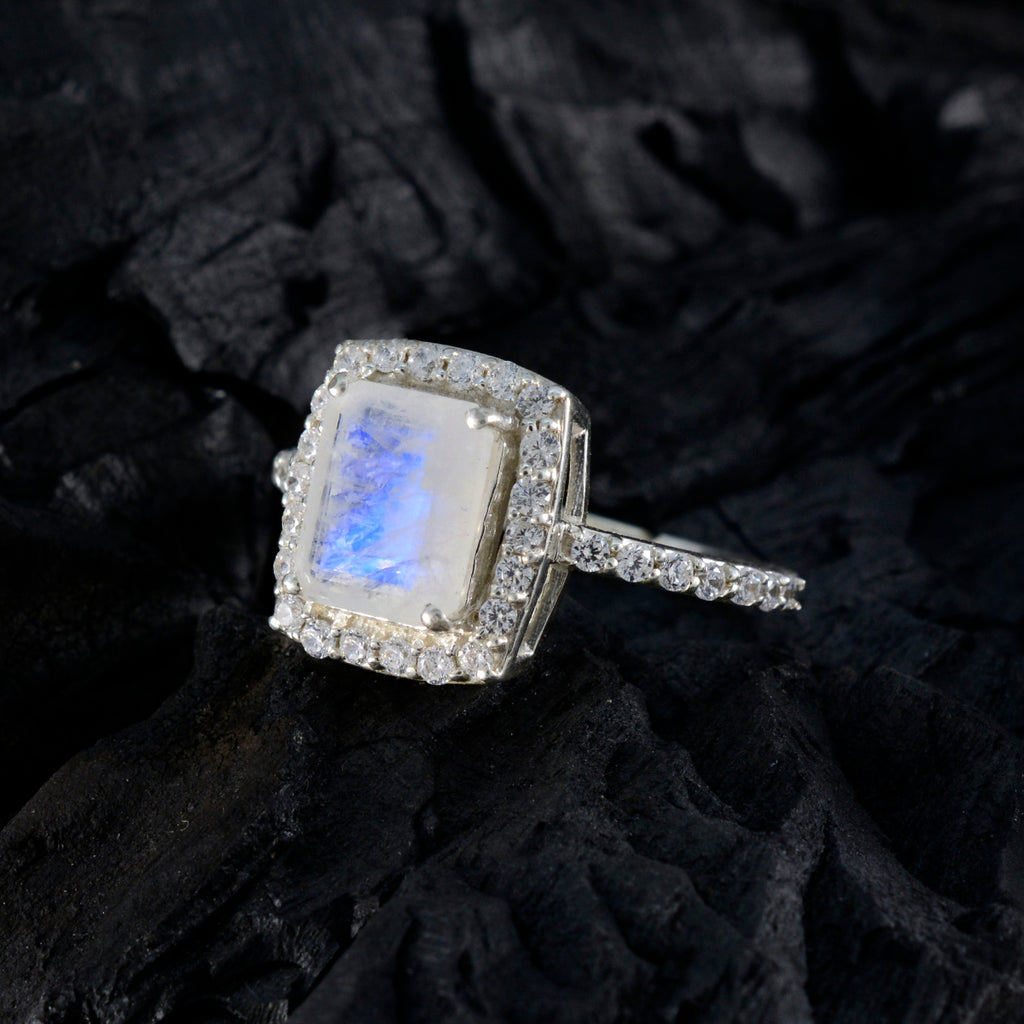 Rainbow Moonstone Halo French Sterling Silver White Gemstone Minimal Boho Ring Jewelry