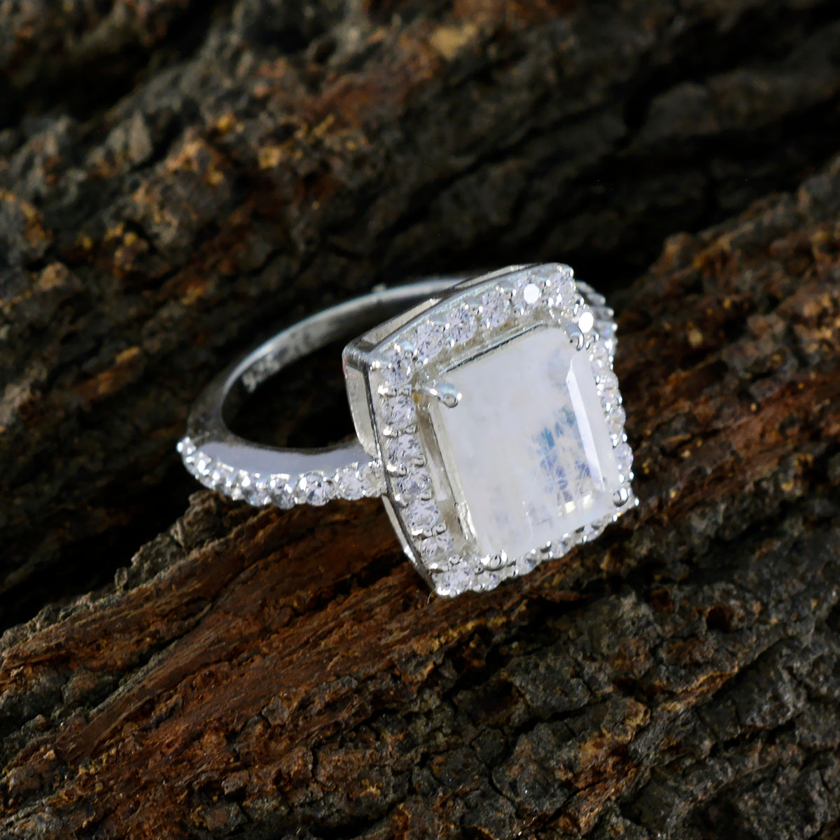Rainbow Moonstone Halo French Sterling Silver White Gemstone Minimal Boho Ring Jewelry