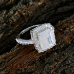 Rainbow Moonstone Halo French Sterling Silver White Gemstone Minimal Boho Ring Jewelry