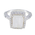 Rainbow Moonstone Halo French Sterling Silver White Gemstone Minimal Boho Ring Jewelry