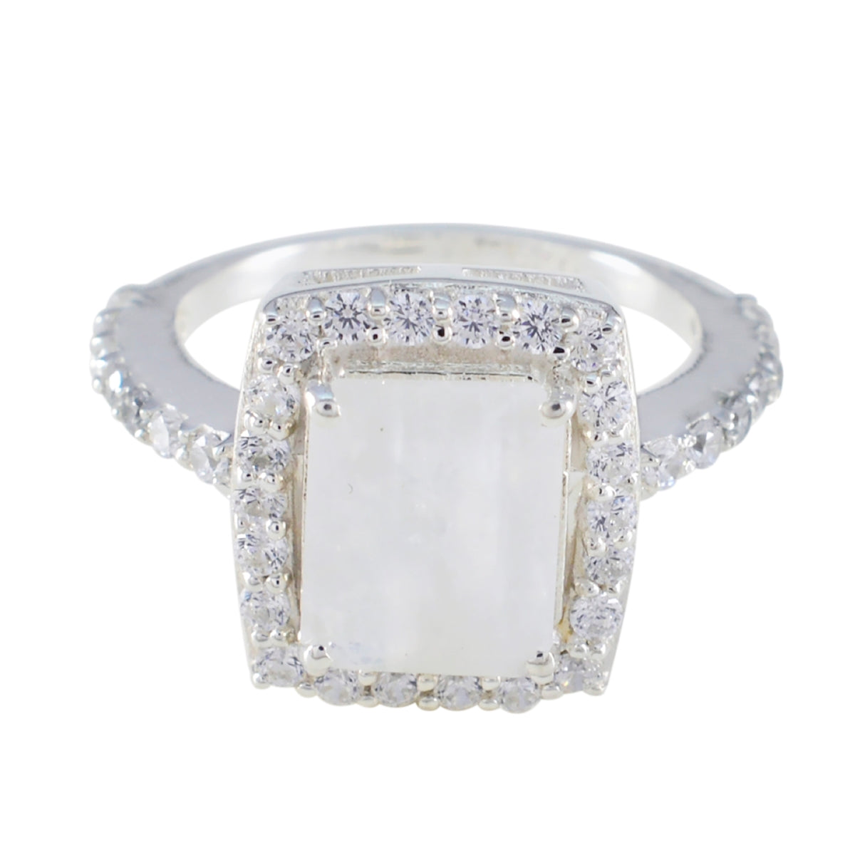 Rainbow Moonstone Halo French Sterling Silver White Gemstone Minimal Boho Ring Jewelry