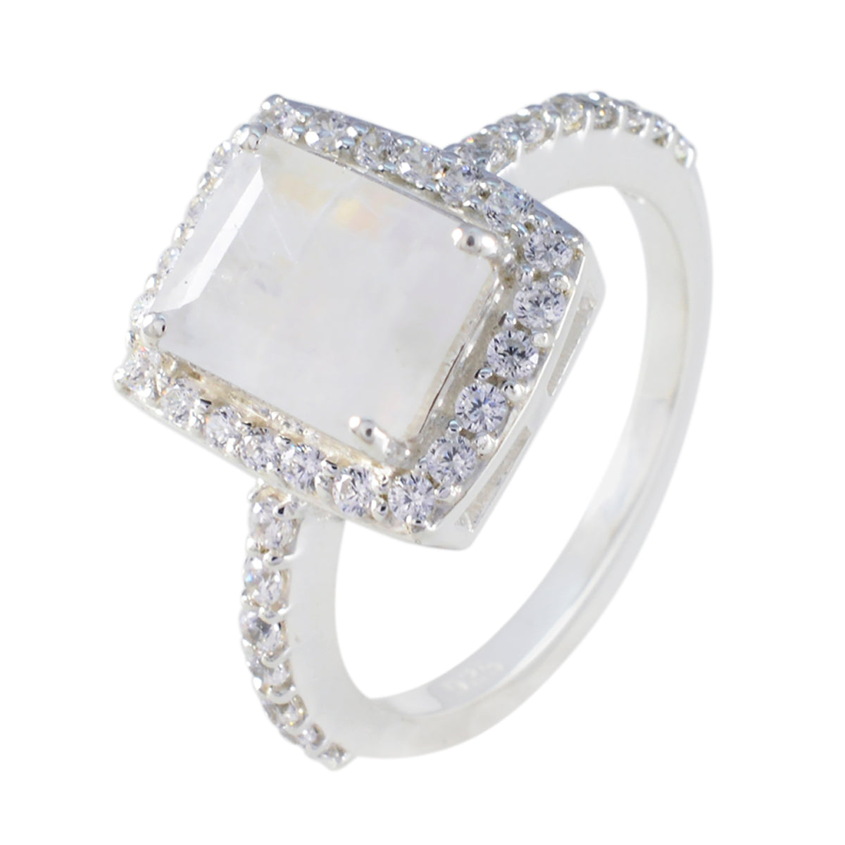 Rainbow Moonstone Halo French Sterling Silver White Gemstone Minimal Boho Ring Jewelry