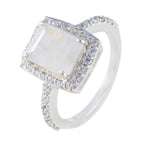Rainbow Moonstone Halo French Sterling Silver White Gemstone Minimal Boho Ring Jewelry