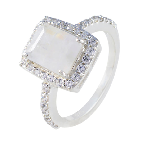 Rainbow Moonstone Halo French Sterling Silver White Gemstone Minimal Boho Ring Jewelry