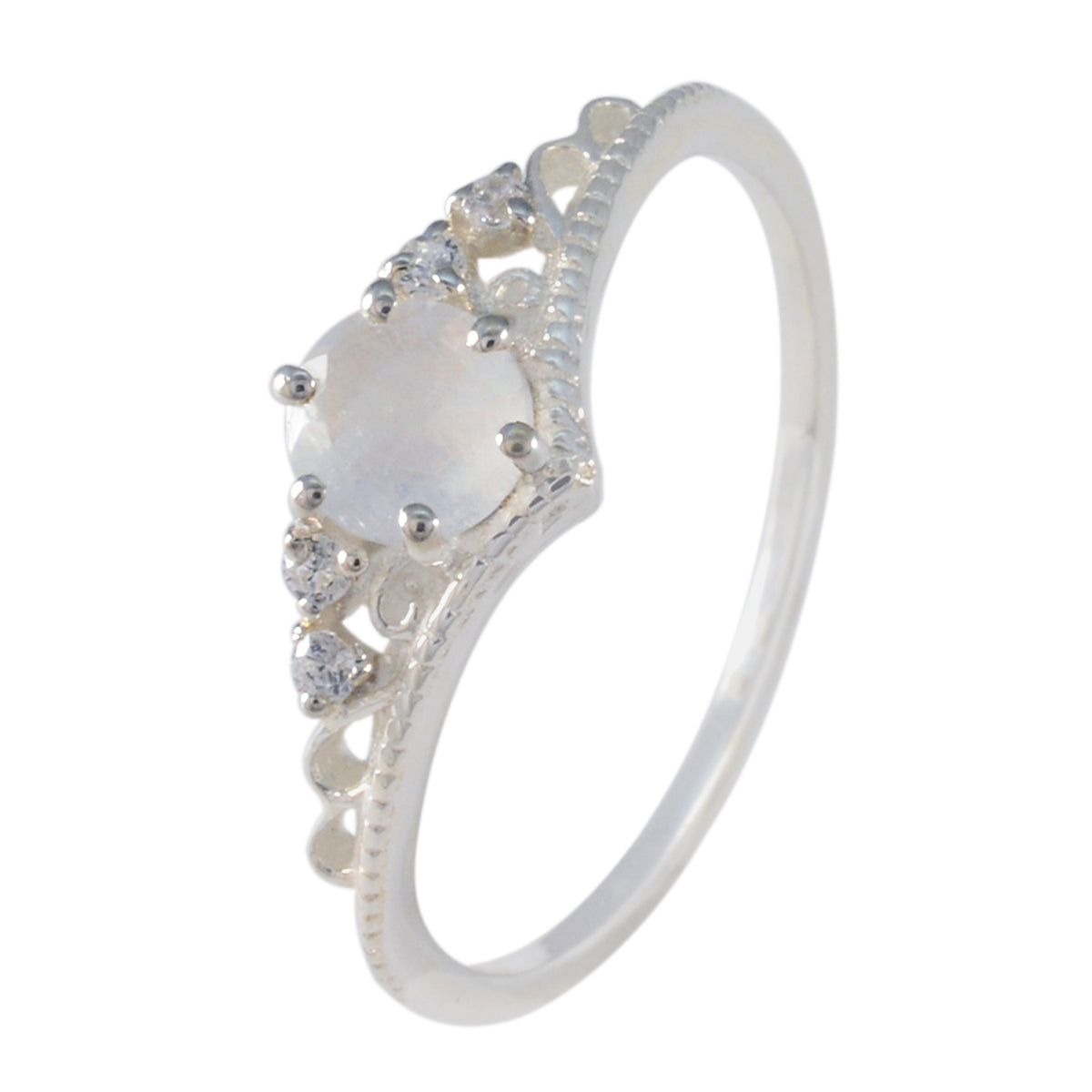 Rainbow Moonstone Halo Korean Sterling Silver White Gemstones Elegant  Luxurious Ring Jewelry