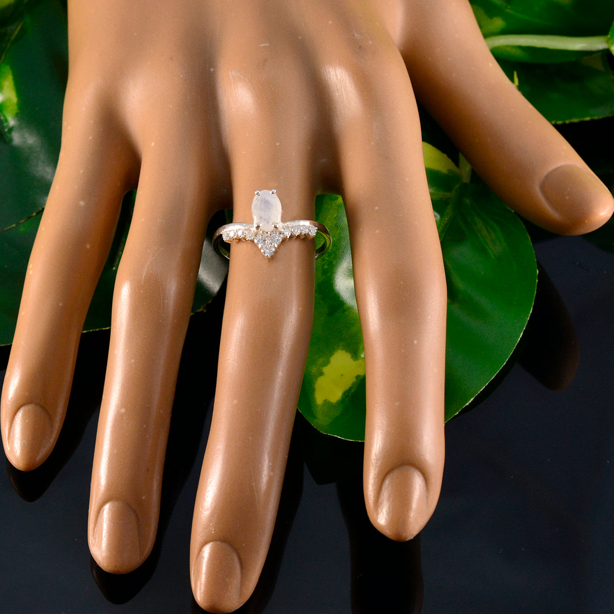 Rainbow Moonstone Halo Korean 92.5 Silver White Gemstone Delicate Sophisticated Ring Jewellery