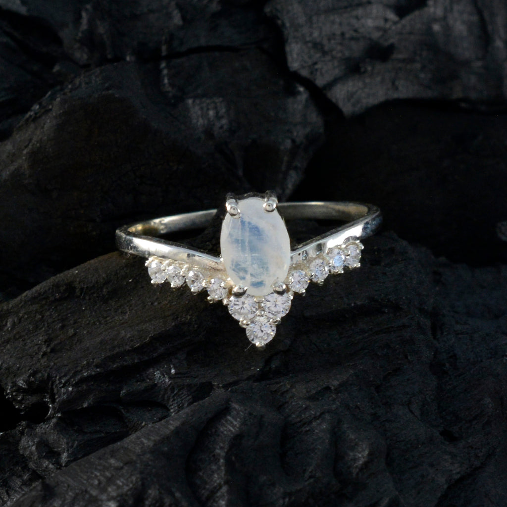 Rainbow Moonstone Halo Korean 92.5 Silver White Gemstone Delicate Sophisticated Ring Jewellery