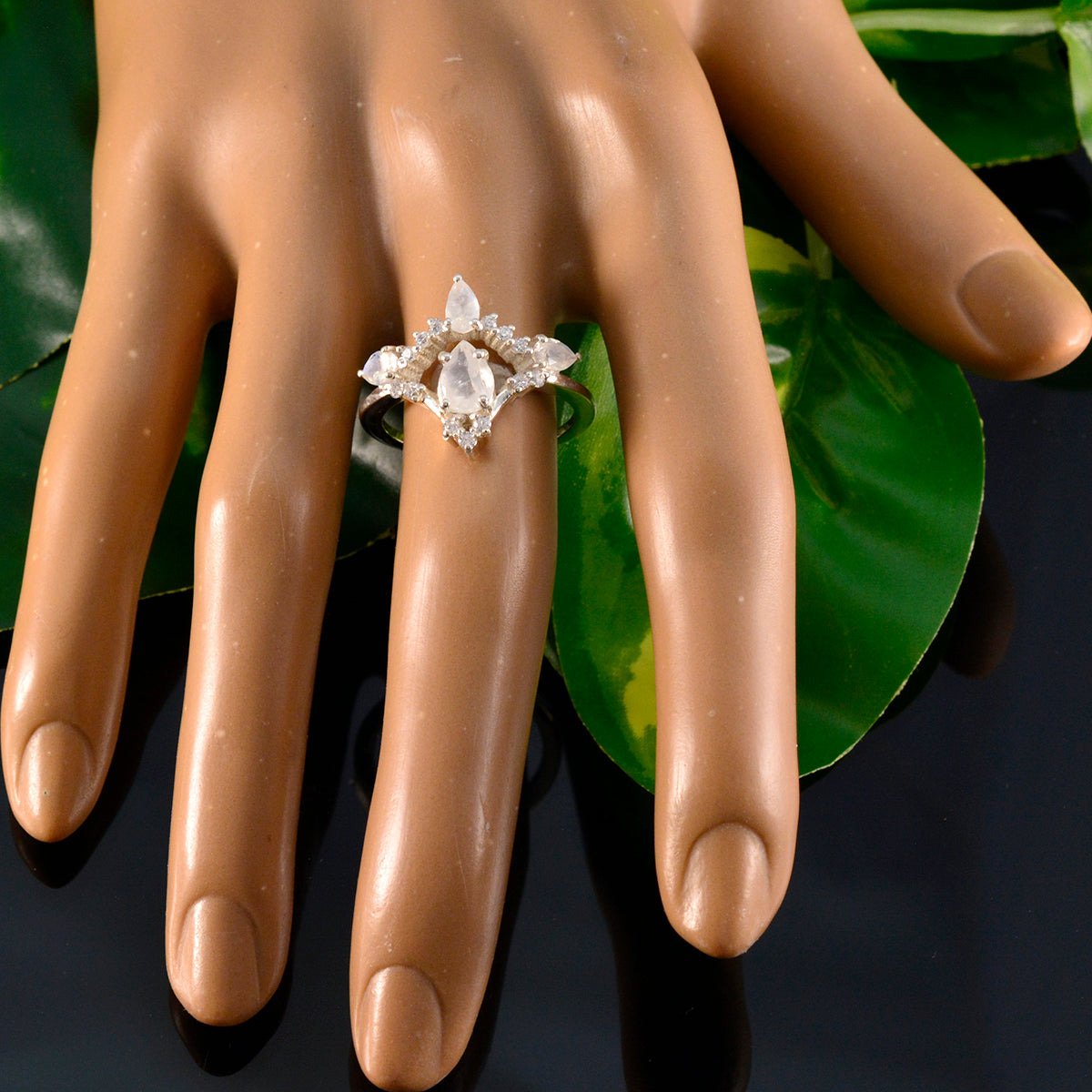 Rainbow Moonstone Halo African Silver White Gems Featherlight Graceful Ring Jewellery