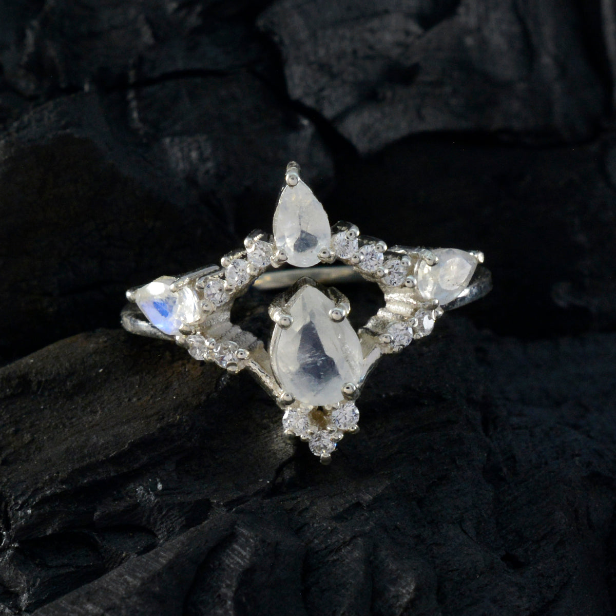 Rainbow Moonstone Halo African Silver White Gems Featherlight Graceful Ring Jewellery