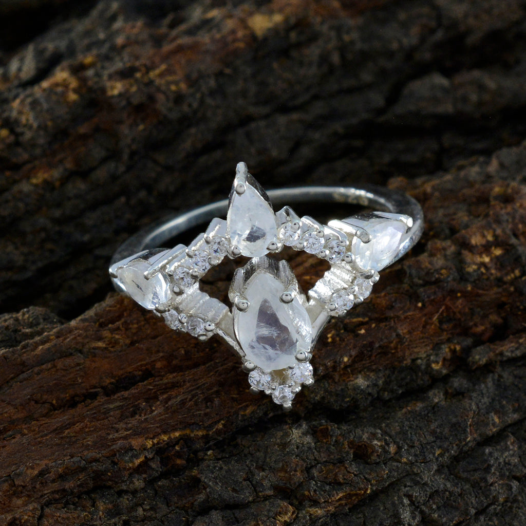 Rainbow Moonstone Halo African Silver White Gems Featherlight Graceful Ring Jewellery