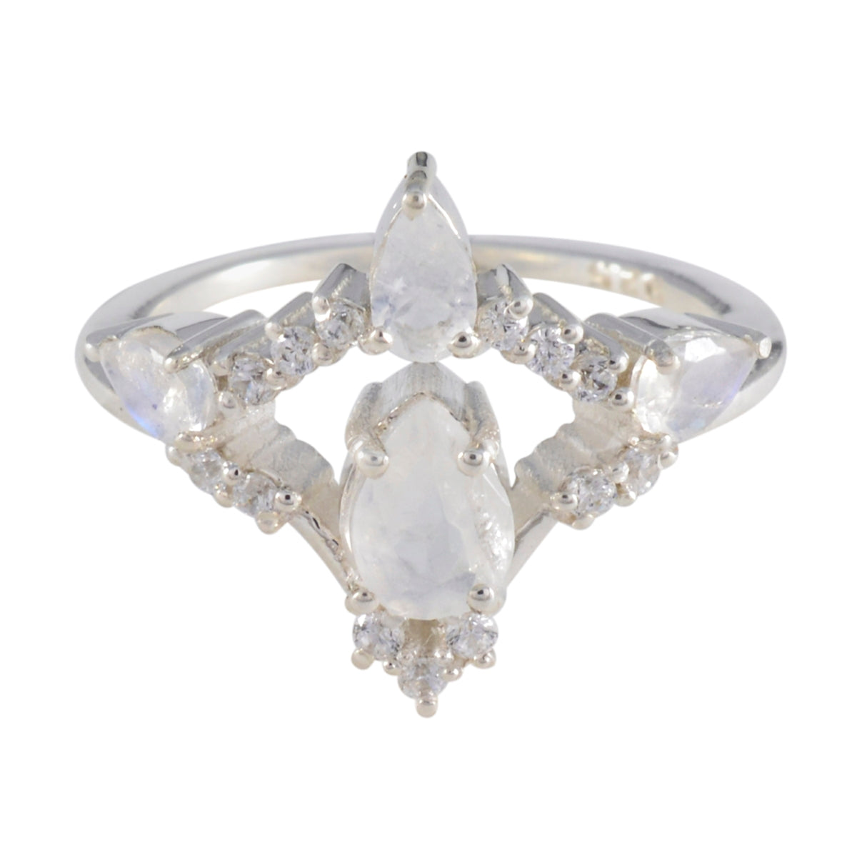 Rainbow Moonstone Halo African Silver White Gems Featherlight Graceful Ring Jewellery Immagine principale del prodotto
