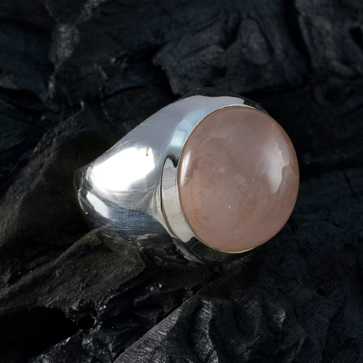 Rose Quartz Solitaire Italian Silver Pink Gemstone Chunky Signet Ring Jewelry